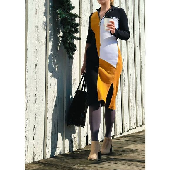 A-COLD-WALL Ribbed Colorblock Zip Collar Midi Slit Black Asymmetrical Bodycon Dr - Picture 2 of 11